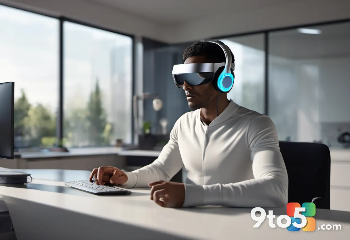 A person wearing a futuristic wireless headset with visible sensors, standing in a modern home office with natural light