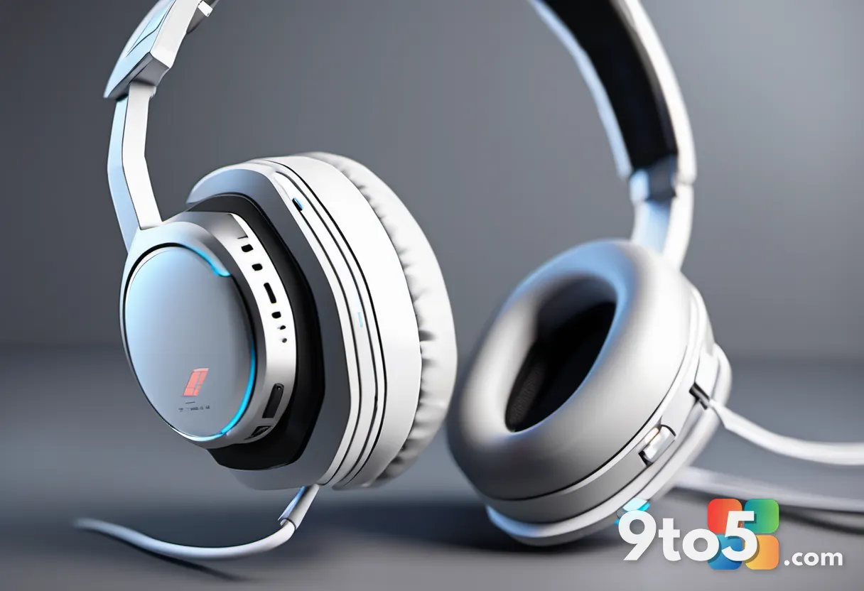 Close-up of a gaming headset earcup showing camera details, dark background with subtle LED accents, technical product p