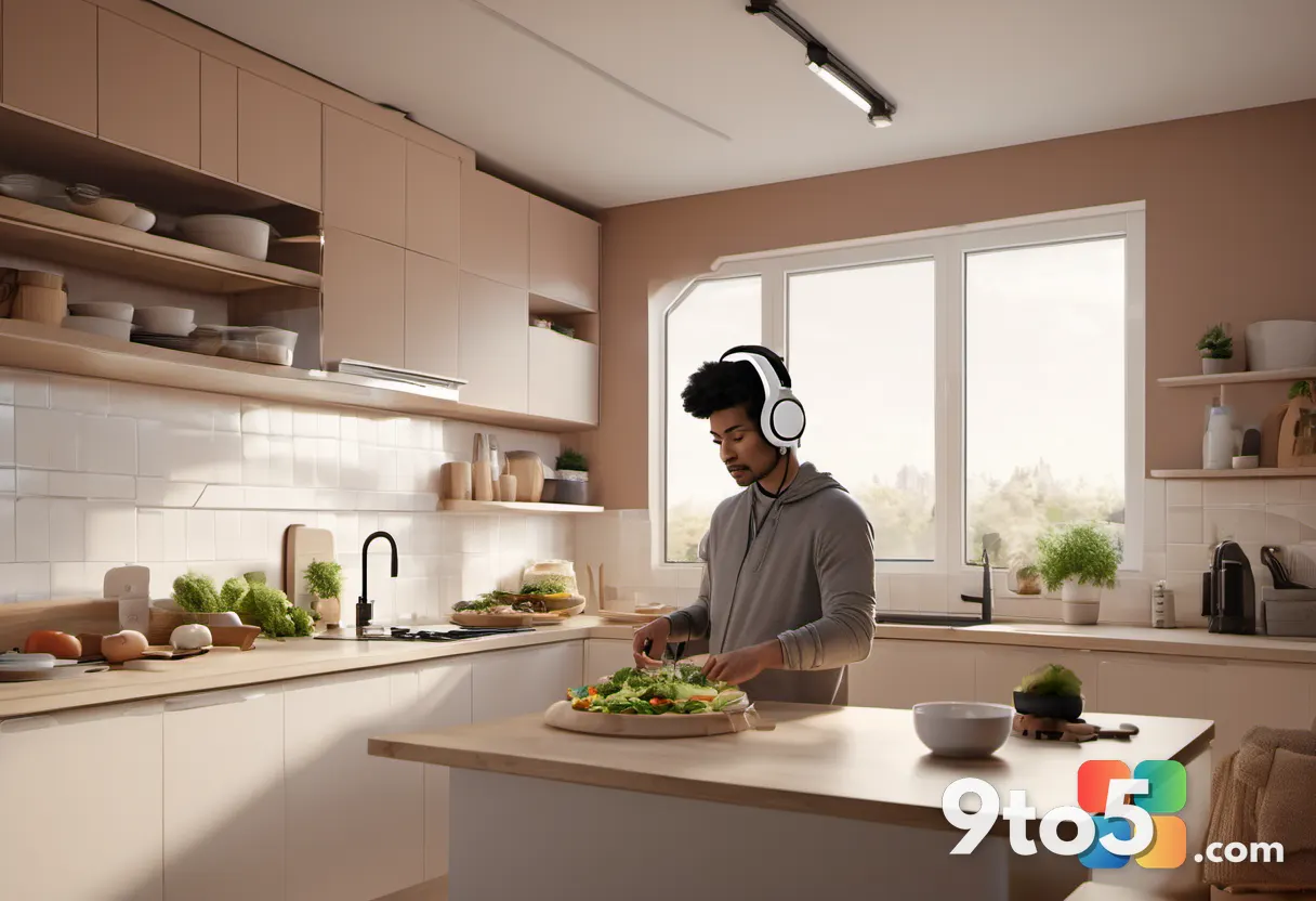 A person using a headset while cooking in a kitchen, headset visible with camera lenses, warm lighting, lifestyle photog