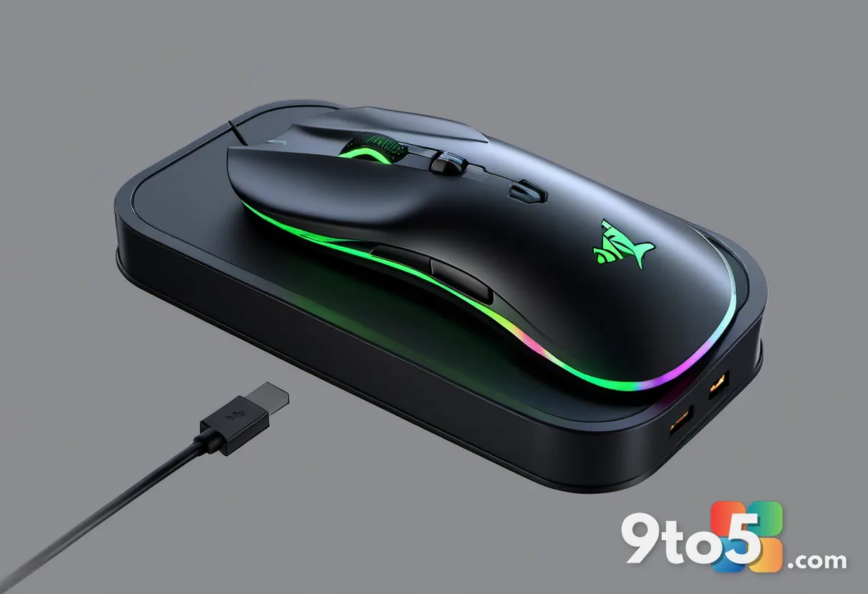 A top-down view of the Razer Naga V3 Pro on a charging dock, with visible RGB lighting and a clean, minimalist aesthetic