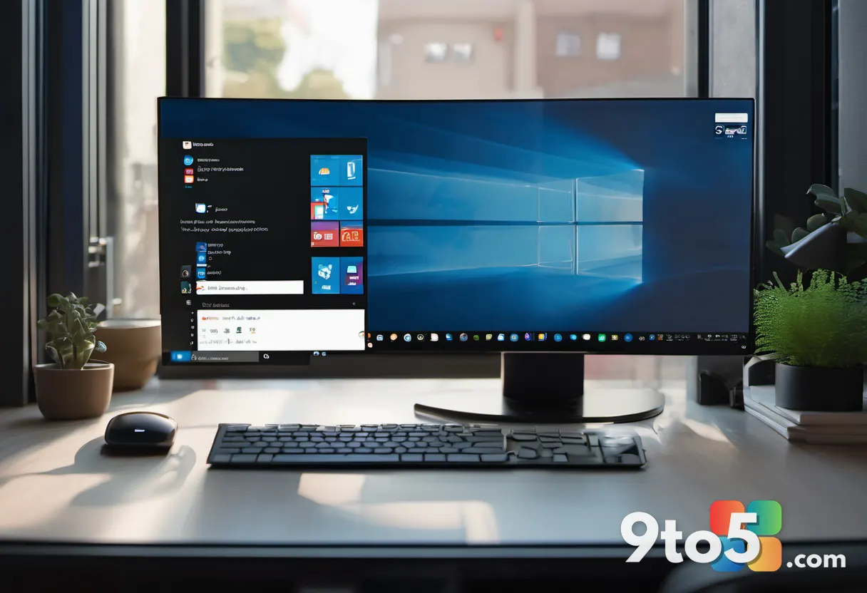 A close-up of a fresh Windows 11 setup screen glowing on a dark monitor, soft bokeh of a tidy home office behind it, coo