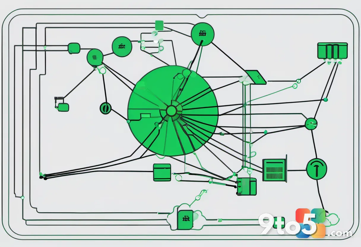 An abstract representation of a network diagram showing secure nodes connected by green lines, with one node highlighted