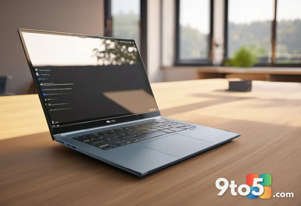A modern laptop sitting open on a wooden desk with a shield icon projected onto the screen, bathed in soft morning light