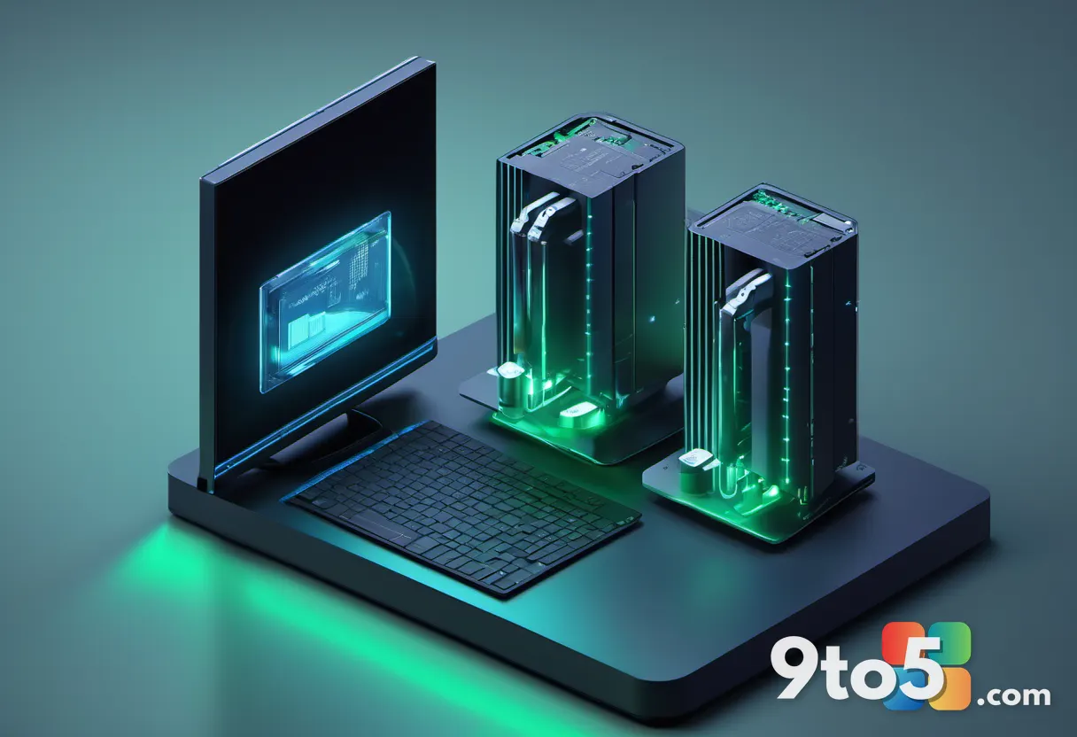 A stylized illustration of two hard drives connected by flowing data streams, with folder trees mirroring from one drive
