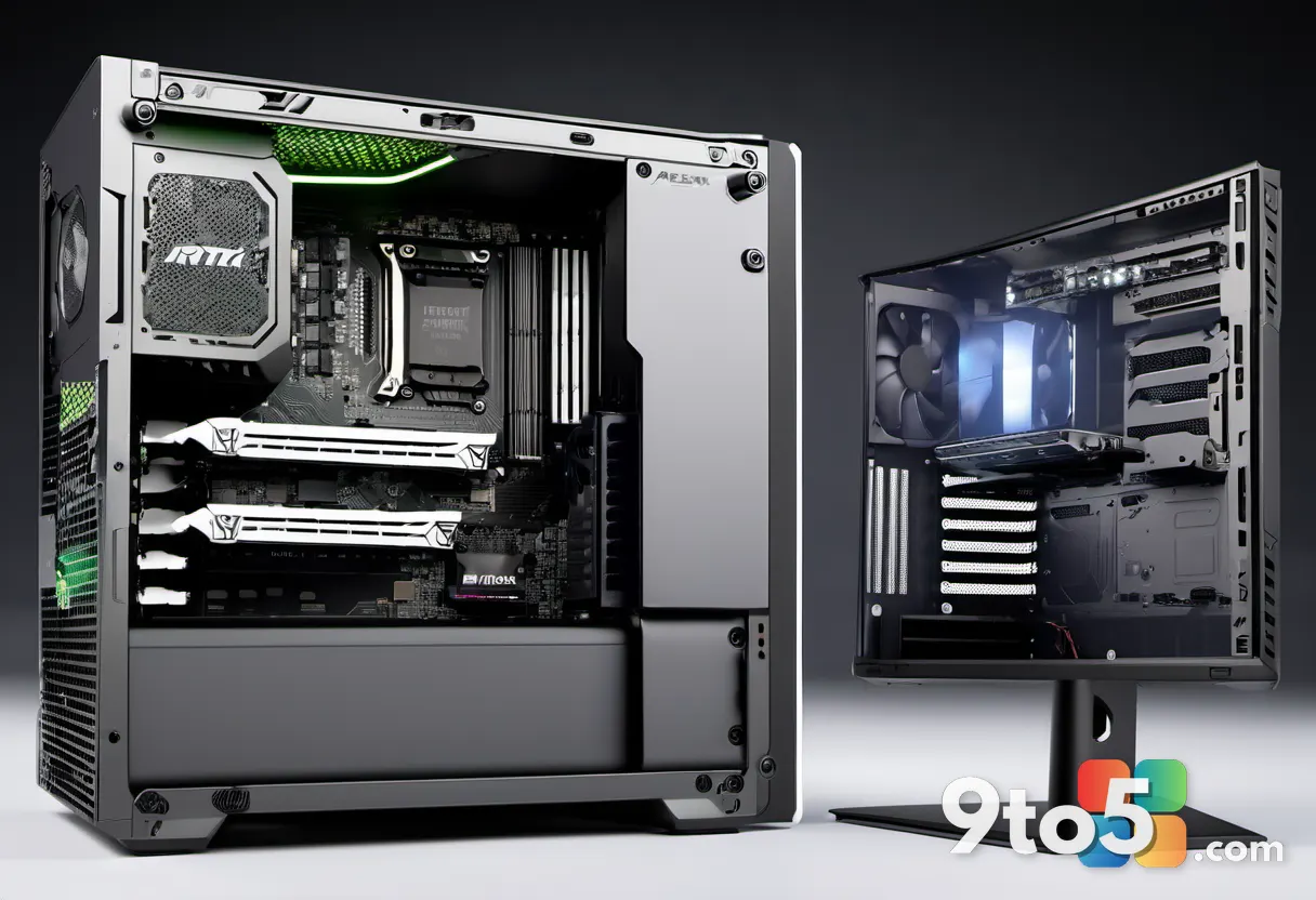 A side-by-side comparison graphic showing a standalone RTX 5090 card next to a fully assembled gaming PC, with price tag