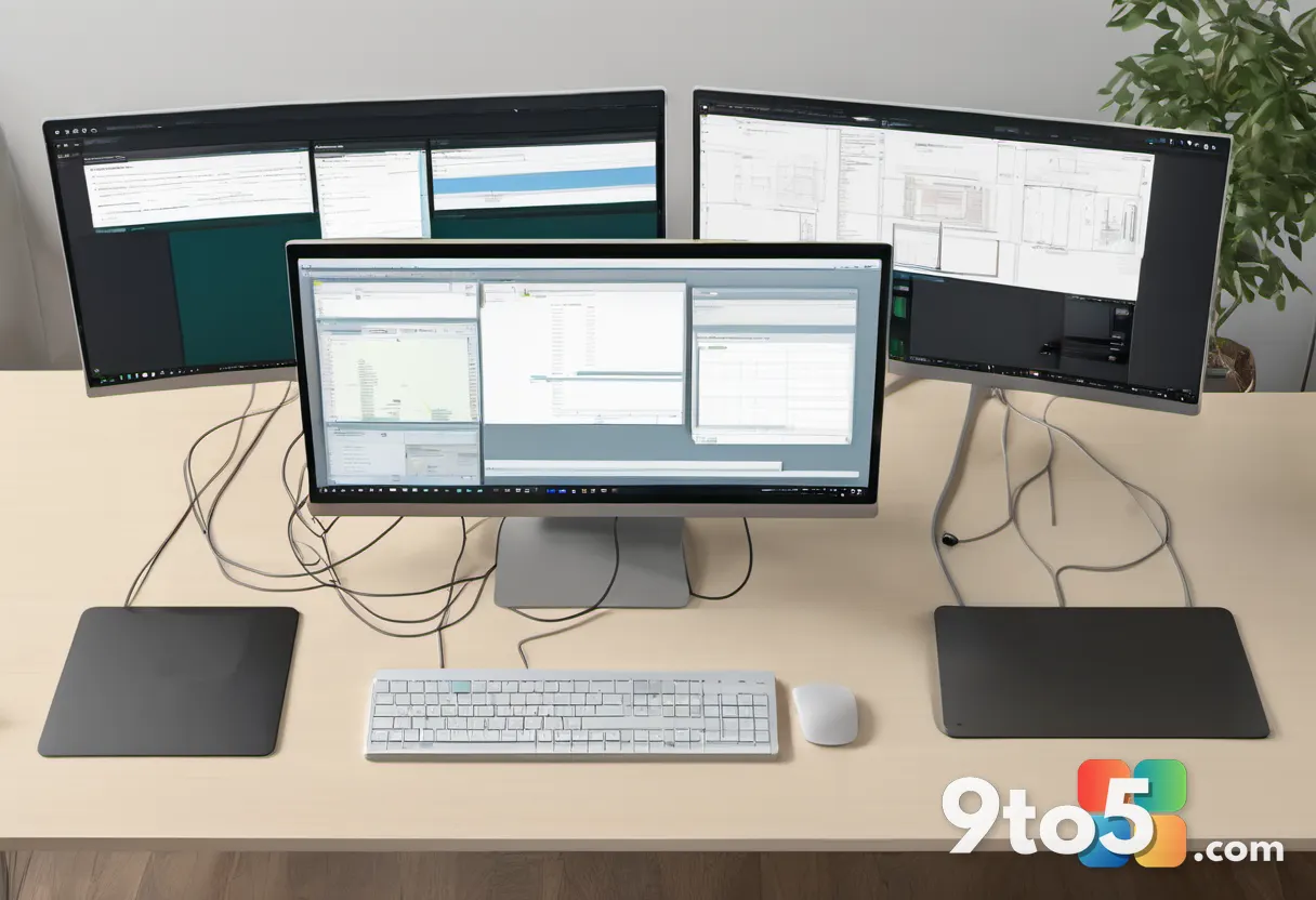 Top-down view of a clean desk with three monitors arranged in a row, connected by a single cable from a laptop, minimal 
