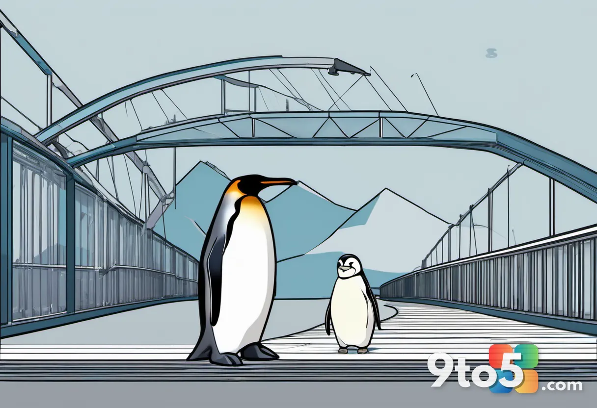 A stylized graphic showing a bridge connecting a Windows logo to a Linux penguin mascot, symbolizing compatibility betwe