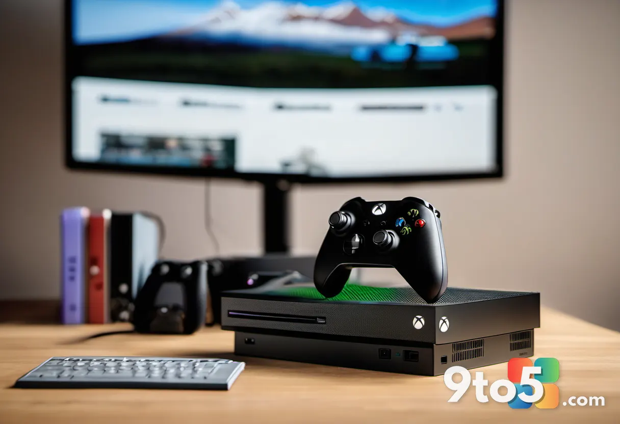 An Xbox controller beside a small stack of game cases on a wooden desk, cozy gaming setup, soft afternoon light, shallow