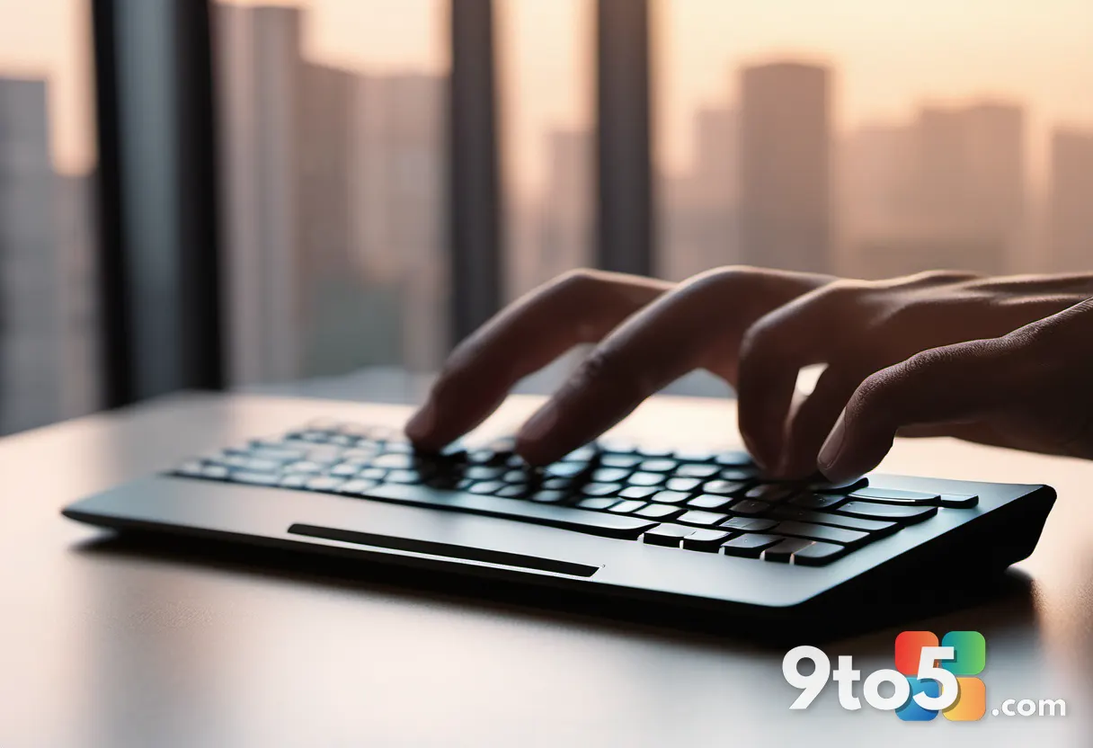 Close-up of a hand typing on a keyboard with a blurred Office app window in the background, warm tones.