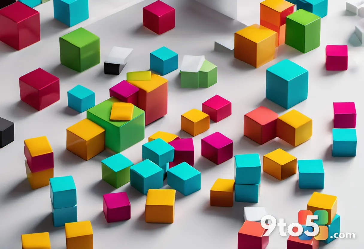A stack of colorful 3D cubes representing different Office apps, floating on a white surface, minimalist style.