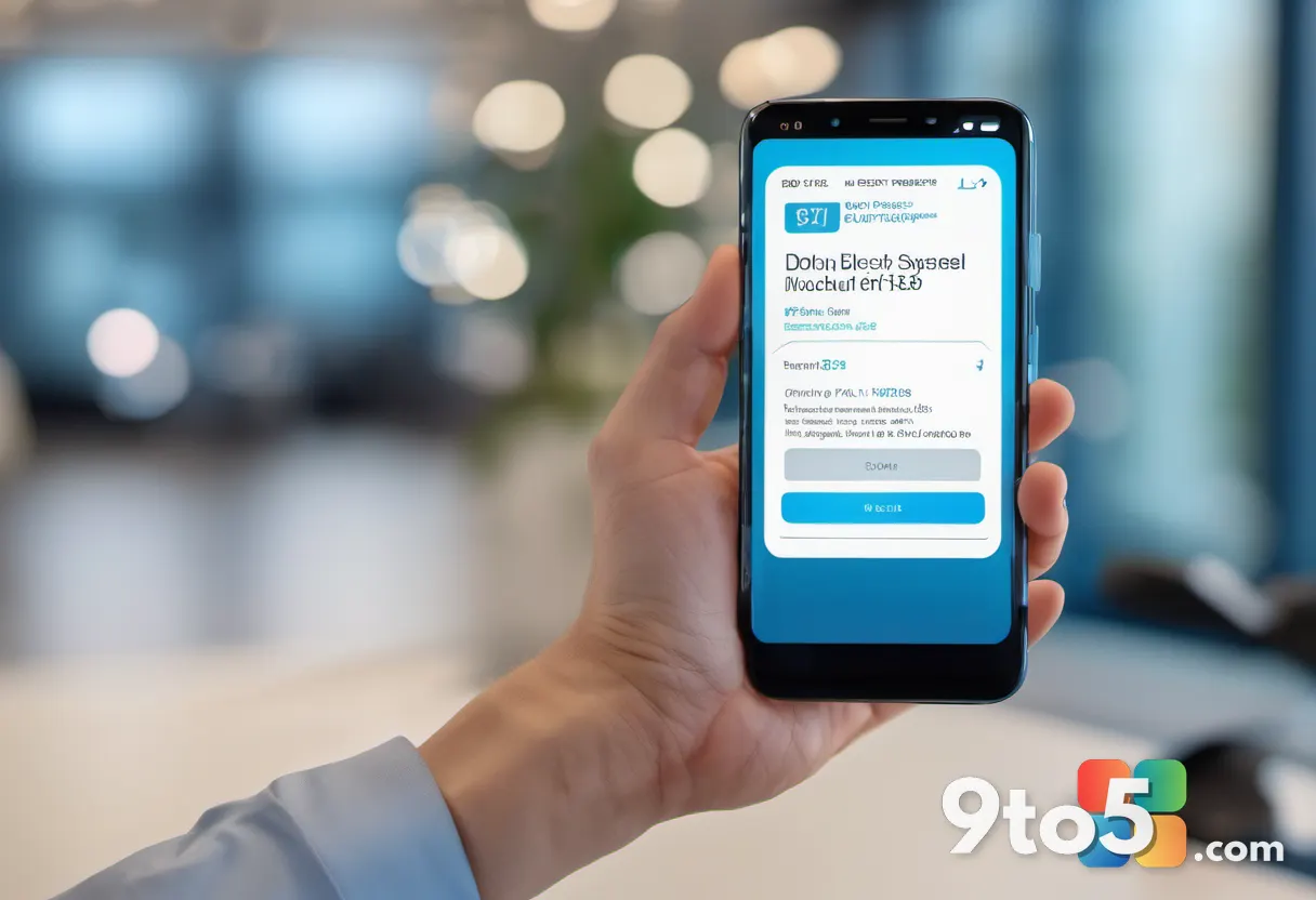 A hand holding a smartphone showing a bright 92% OFF discount notification, soft bokeh office background, cool blue tone
