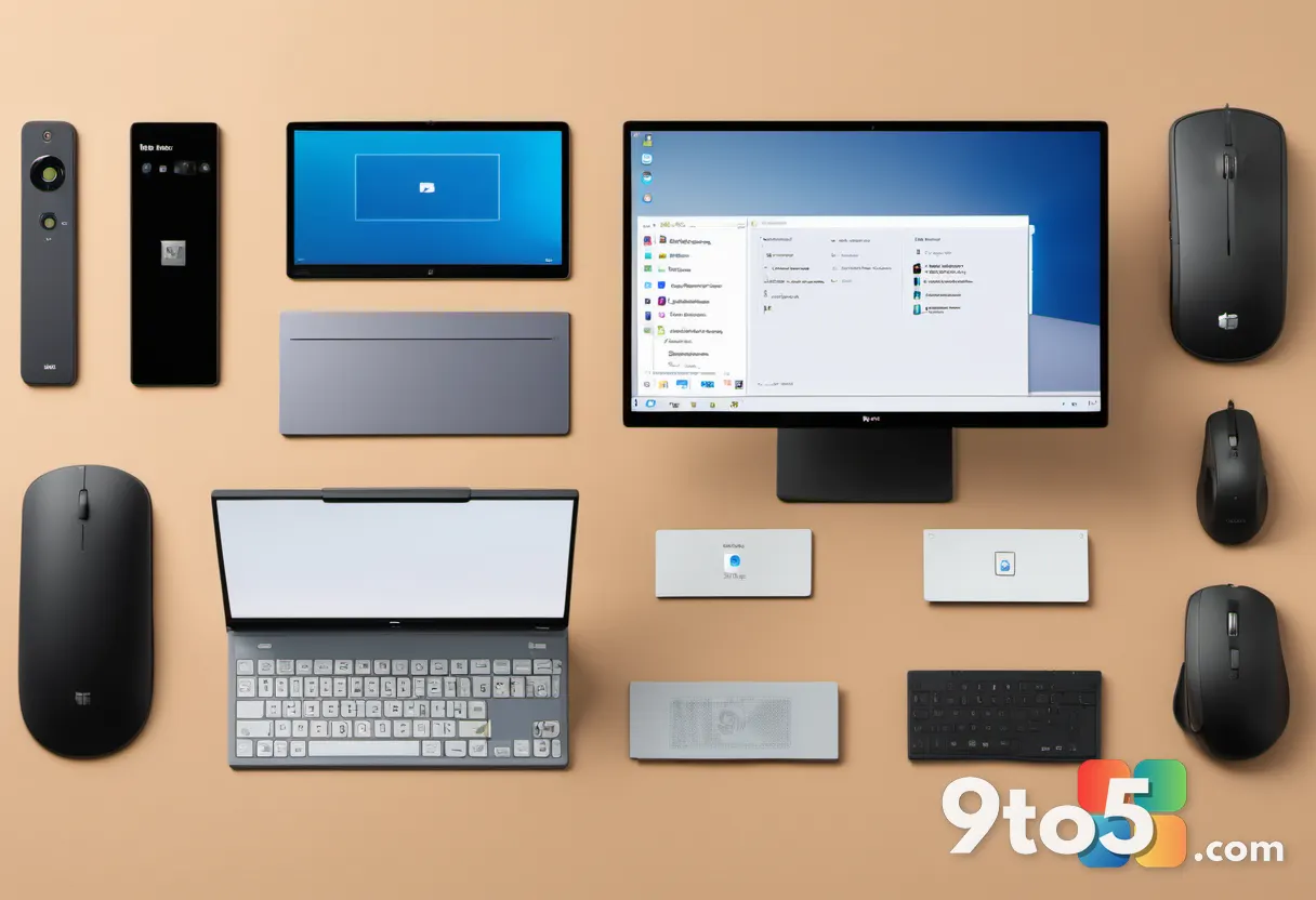 A flat-lay of Windows 11 Pro feature icons—BitLocker, Hyper-V, Snap Layouts—arranged on a light wooden desk, warm natura