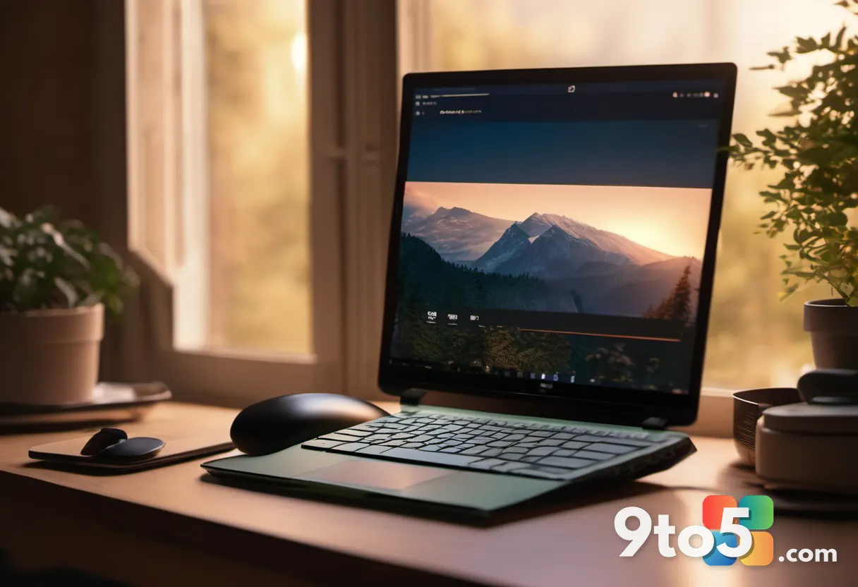 Over-the-shoulder view of hands on a backlit keyboard in a cozy home office, soft bokeh of a window in the evening, warm