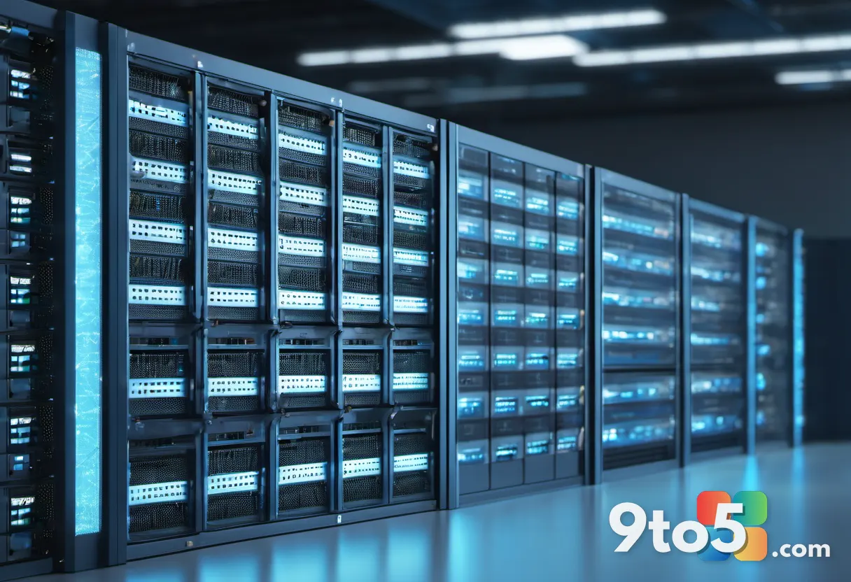 Close-up of a server rack with blinking status lights and a subtle digital overlay of code, representing system administ