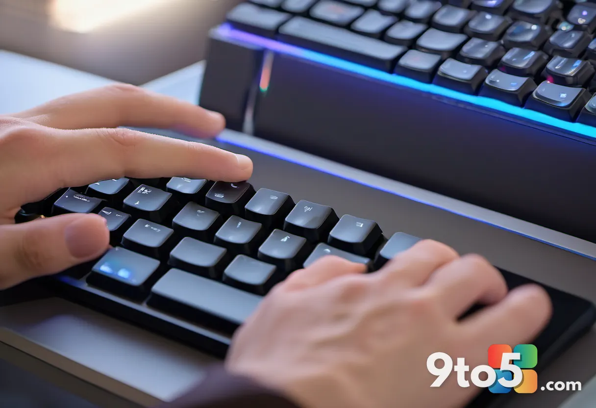 A close-up of a hand typing on a mechanical keyboard with a blurred smartphone screen visible in the background, shot in