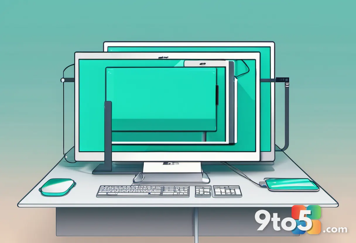 A minimalist illustration of overlapping device windows on a monitor, with a USB cable and Wi-Fi signal icon floating ne