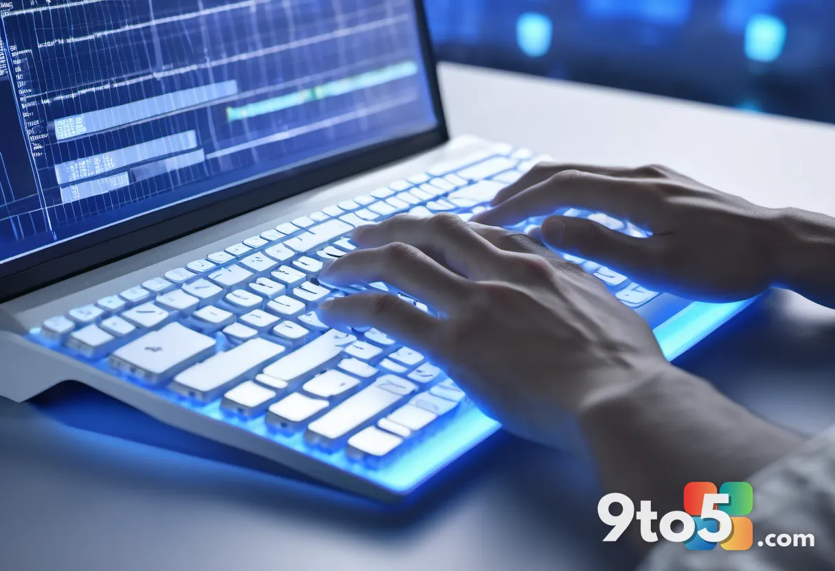 Close-up of a hand typing on a keyboard with a blurred computer screen showing rapid search results, shallow depth of fi