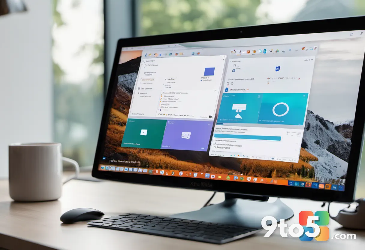 A close-up photograph of a modern laptop screen displaying the Windows 11 desktop interface, with a clean desk and coffe