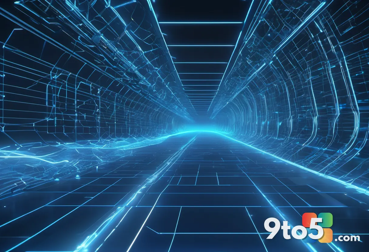 An abstract digital visualization of data streams and network connections flowing through a glowing blue tunnel, symboli