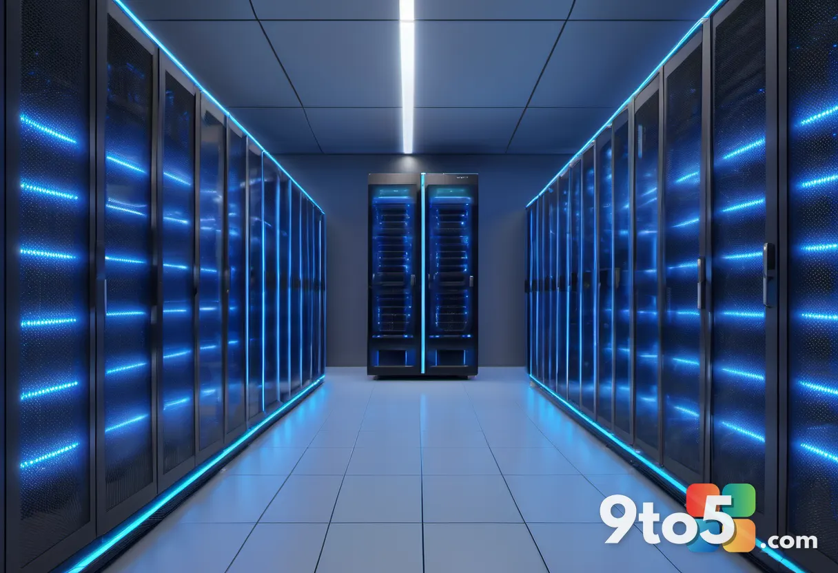 A futuristic cloud server rack glowing with blue LED lights in a clean data center, representing modern game streaming i