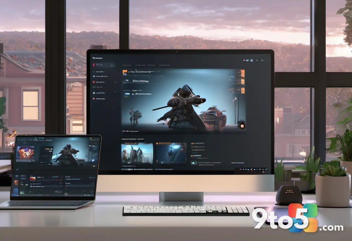A neatly arranged desk setup showing a laptop, tablet, and smartphone displaying the same game menu, emphasizing cross-p