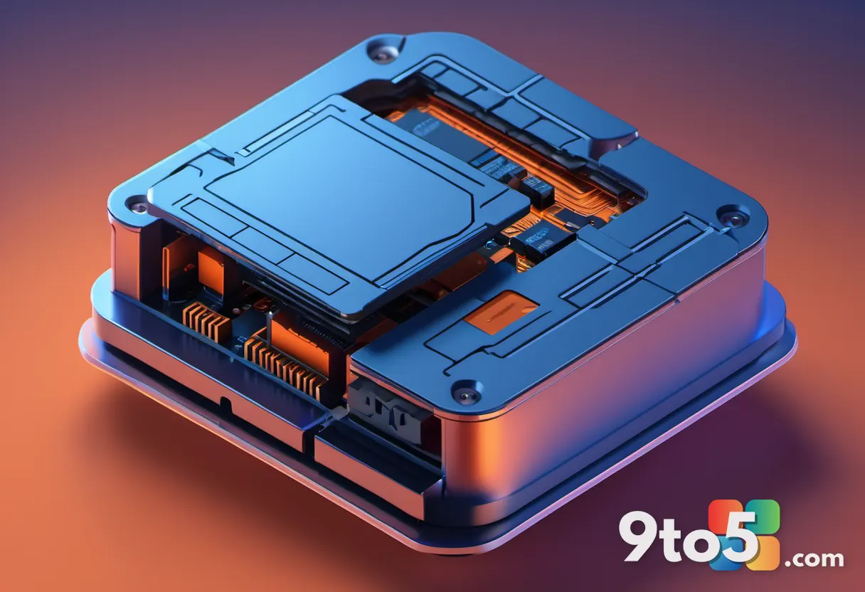 A close-up of a hard drive icon transforming into a compressed zip archive, isometric 3D render, blue and orange gradien