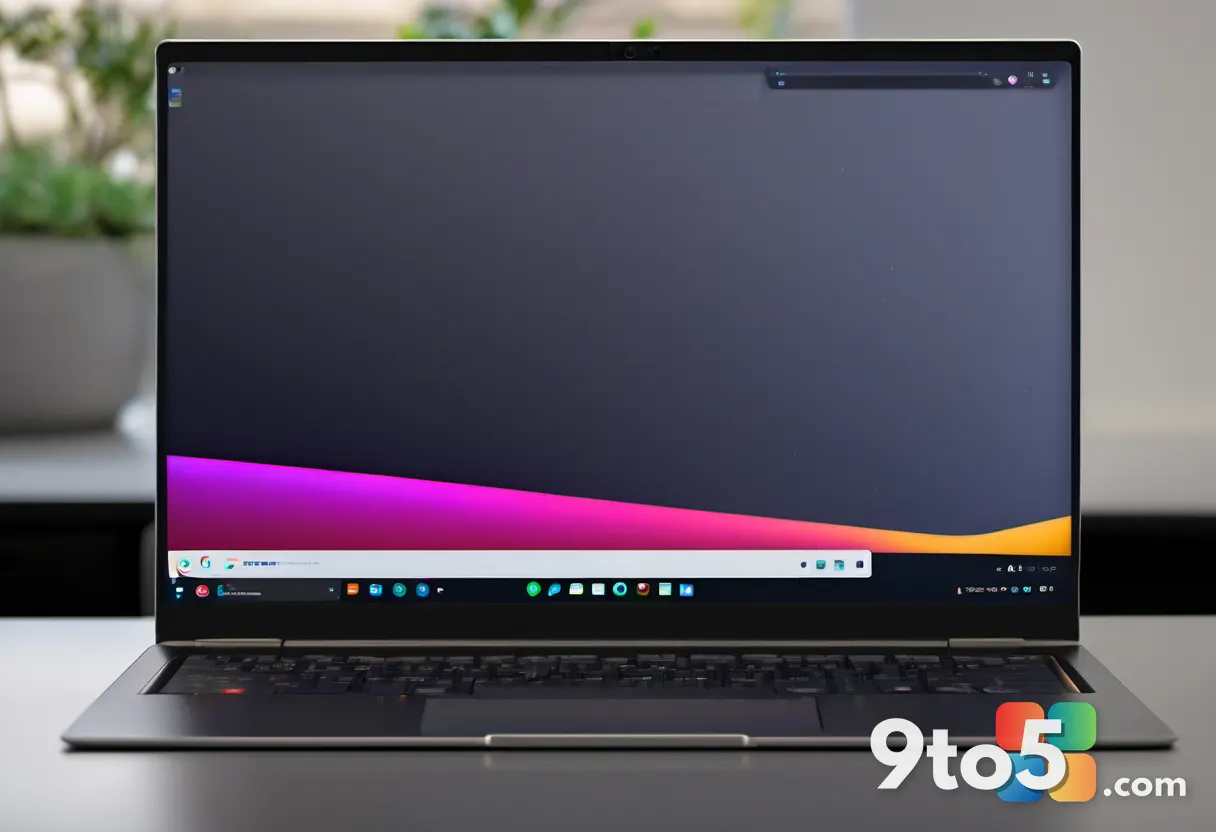 A laptop screen displaying a solid black desktop background with a single colorful app icon in the corner, dim room ligh