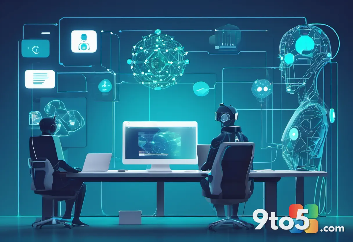 An abstract illustration of multiple connected user avatars and AI robot icons collaborating around a shared digital wor