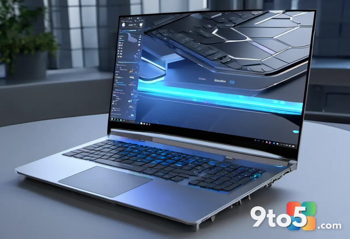 Close-up of a laptop GPU cooling vent and keyboard, subtle blue LED glow, technical photography style, shallow depth of 