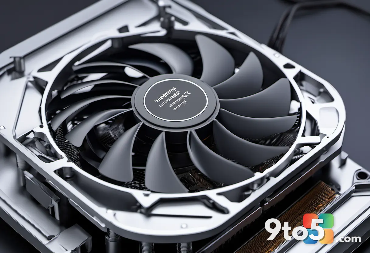 Close-up of a high-performance laptop cooling fan and heat pipes, metallic silver finish, shallow depth of field, techni