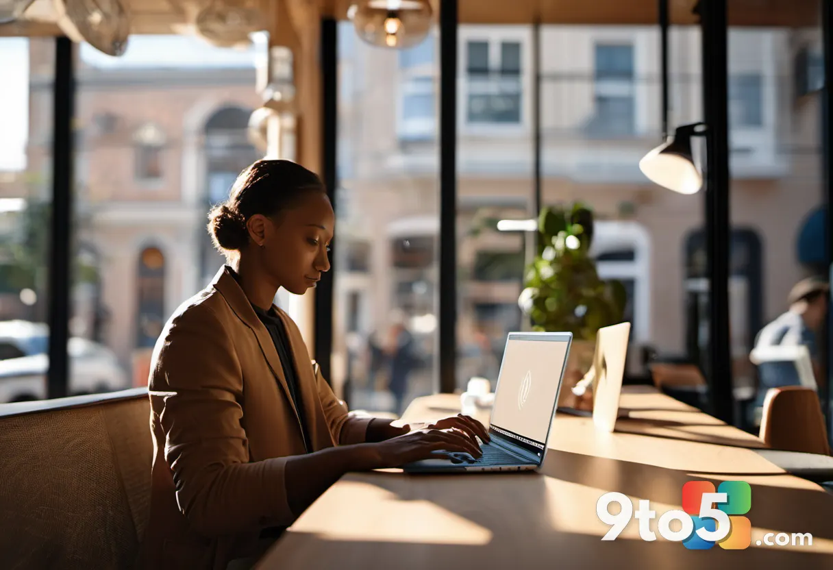 A person working on a laptop in a sunlit coffee shop, wireless router visible in background, warm natural lighting, cand