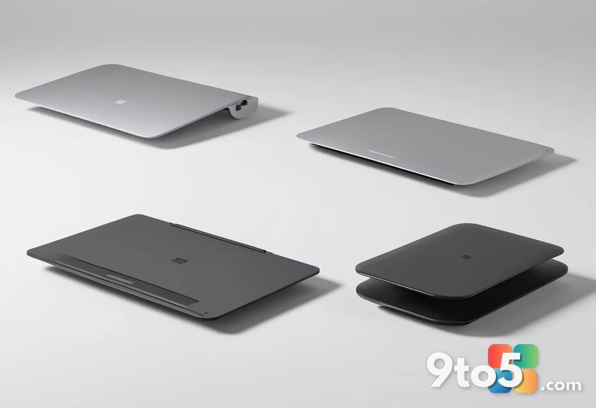 Three different laptop lids arranged in a row on a clean white surface, viewed from above, minimalist product photograph