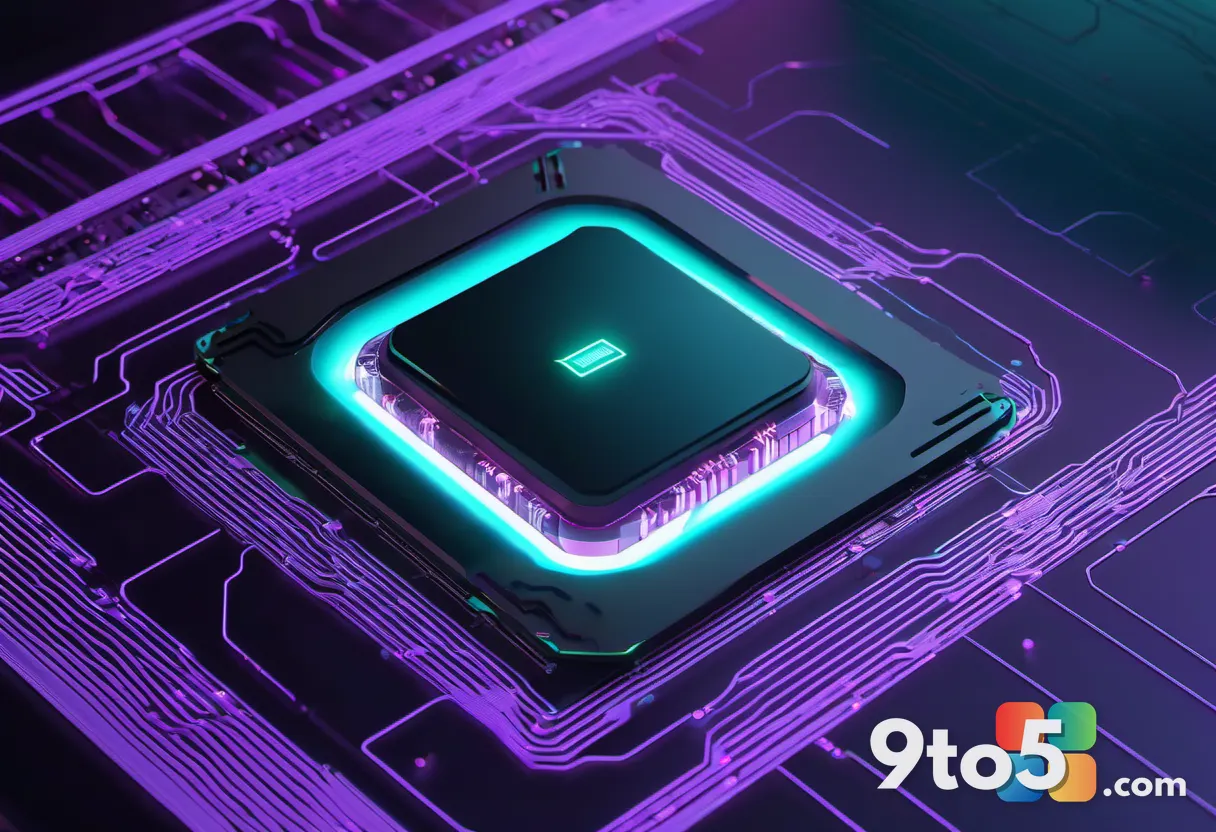 A futuristic microchip resting on a reflective dark surface, surrounded by soft purple and teal light trails, abstract t