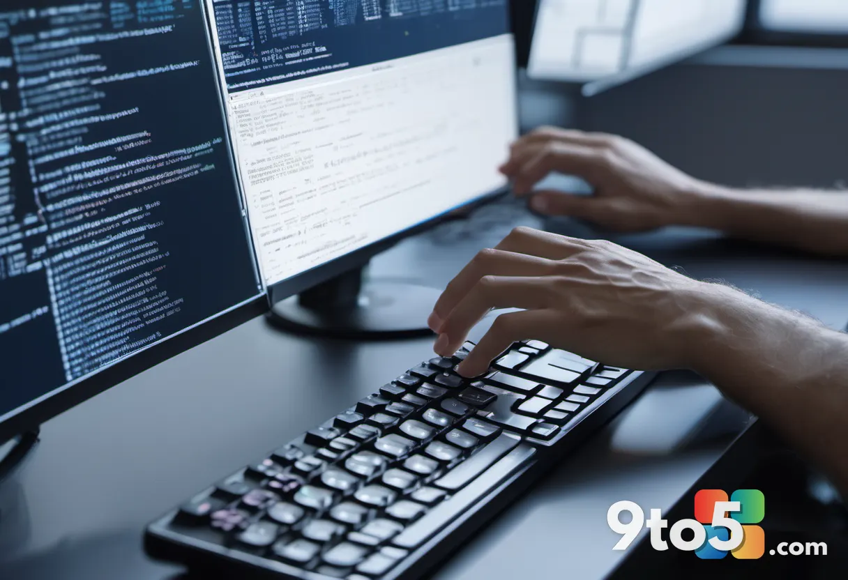 A close-up of a developer's hands typing on a keyboard with a blurred background of code on a monitor, suggesting active