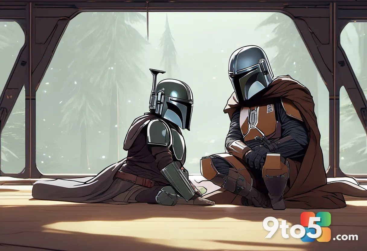 Close-up of a Mandalorian warrior and a Jedi Padawan sharing a quiet moment in a Star Wars camp, with a subtle glowing b
