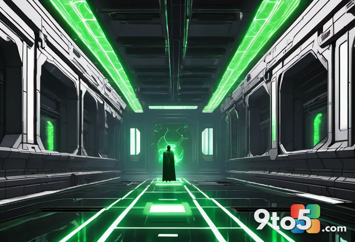 Mysterious figure in dark robes surrounded by a swirling, eerie green space plague, standing in a shadowy Star Wars corr
