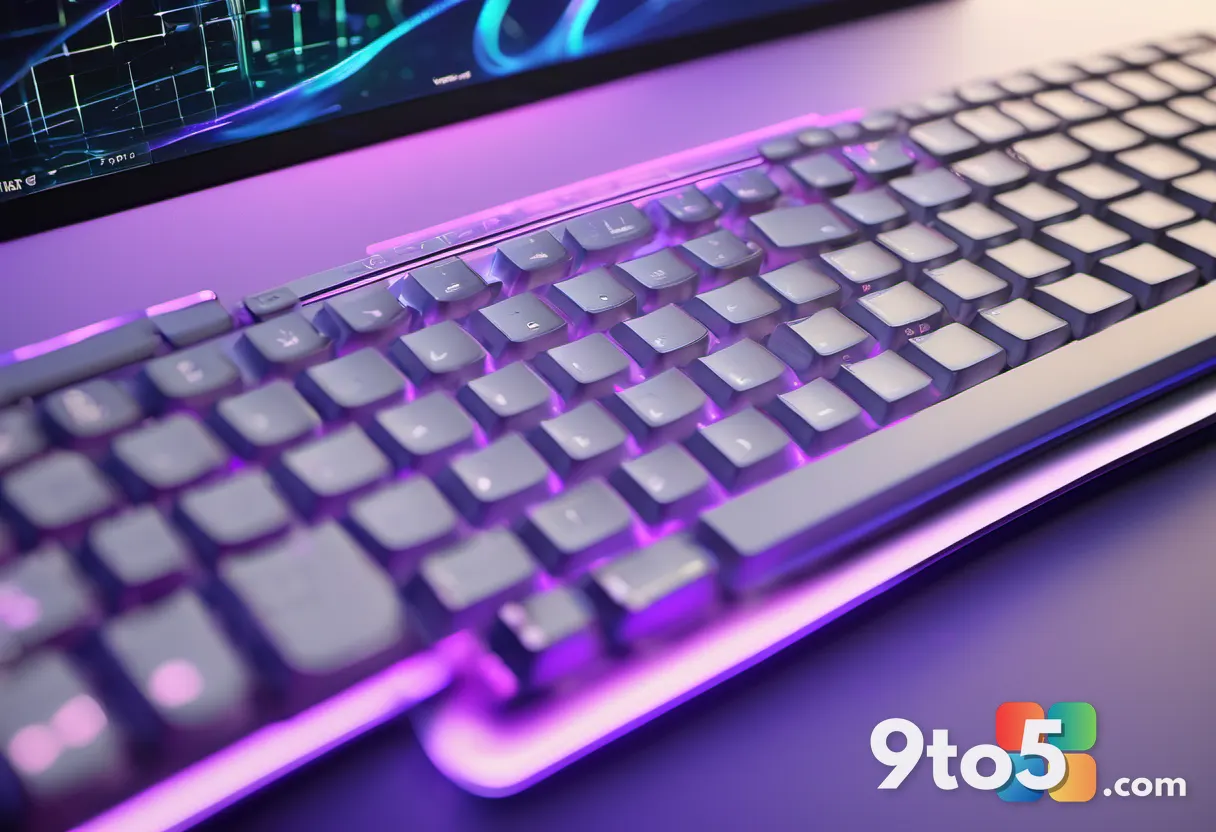 A close-up of a modern keyboard with a single key illuminated, surrounded by floating holographic window previews, shot 