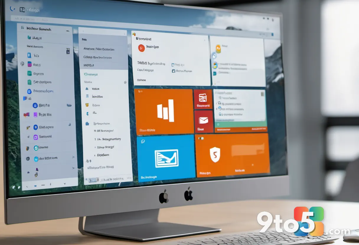 A close-up of a modern desktop monitor displaying a grid of application icons with a search bar at the top, set against