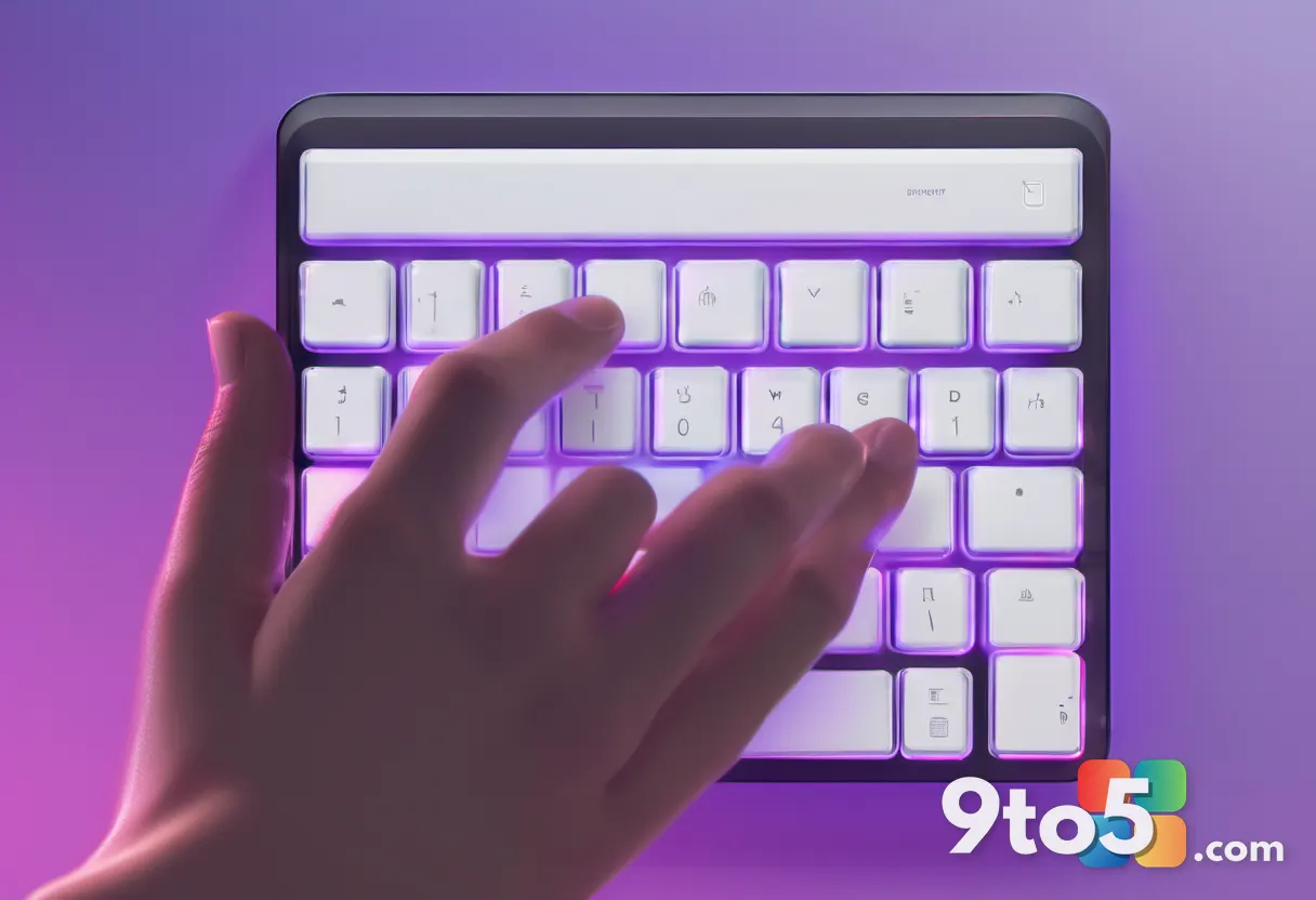 A hand using a keyboard with glowing keys, with a translucent overlay of window previews floating above, symbolizing mul