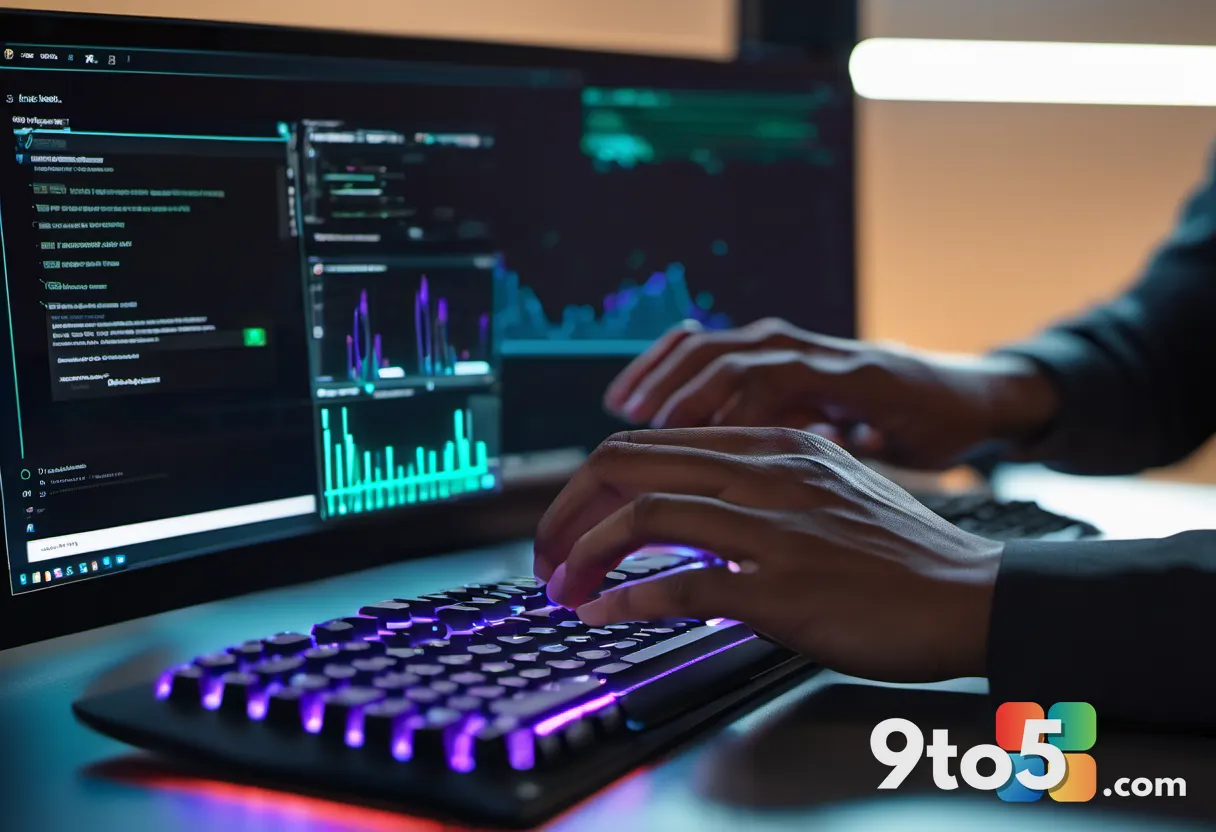 A close-up photograph of a person's hands on a keyboard with a glowing monitor in the background displaying a multitaski