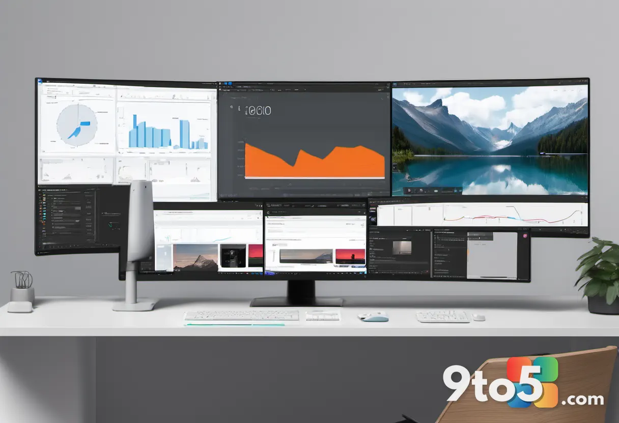 A sleek, minimalist desk setup featuring a wide monitor showing a customized task switcher with multiple application thu