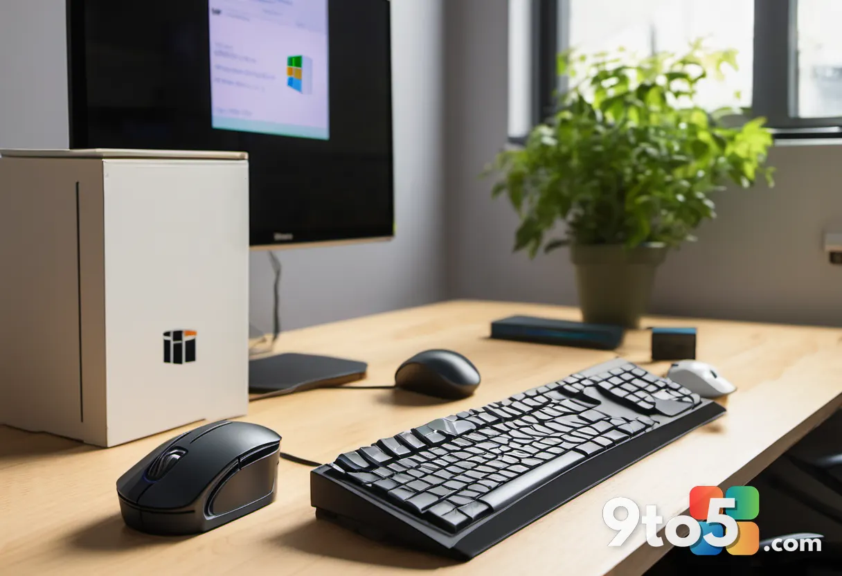 A close-up of a Microsoft Office 95 software box on a wooden desk, surrounded by floppy disks and a retro computer mouse