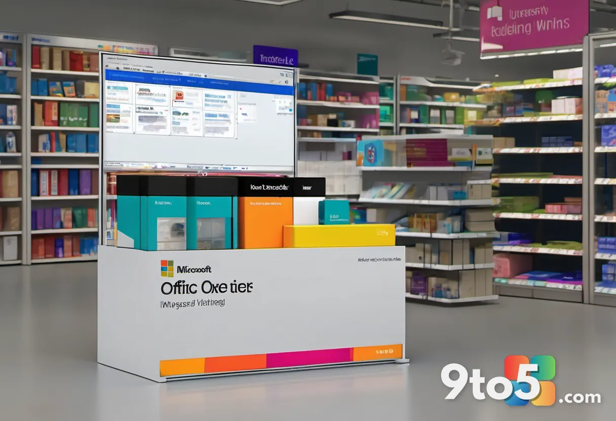 A Microsoft Office 2000 software box standing upright in a retail display, with vibrant colors and bold typography typic