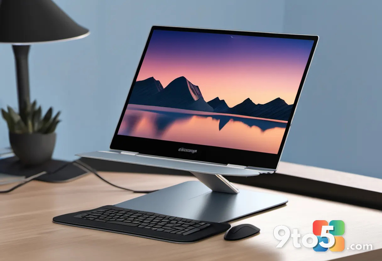 A silver laptop elevated on a minimalist aluminum stand with a black cooling pad featuring multiple blue LED fans positi