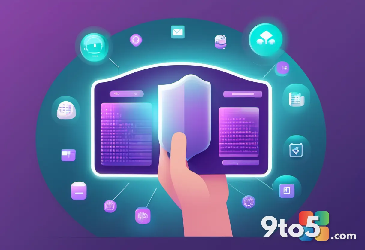 An editorial illustration of a hand holding a glowing shield protecting a cluster of data icons, soft teal and purple gr