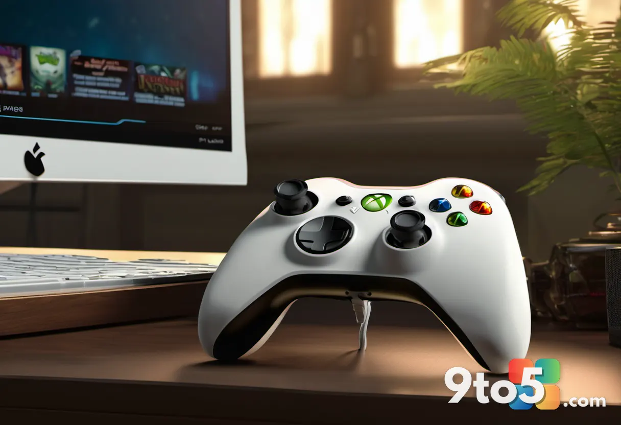 A vintage Xbox 360 controller connected to a modern gaming monitor displaying a classic game title, with a subtle Window