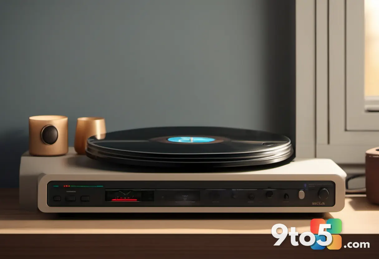 A row of vintage vinyl records on a shelf beside a modern gaming controller, warm ambient lighting.