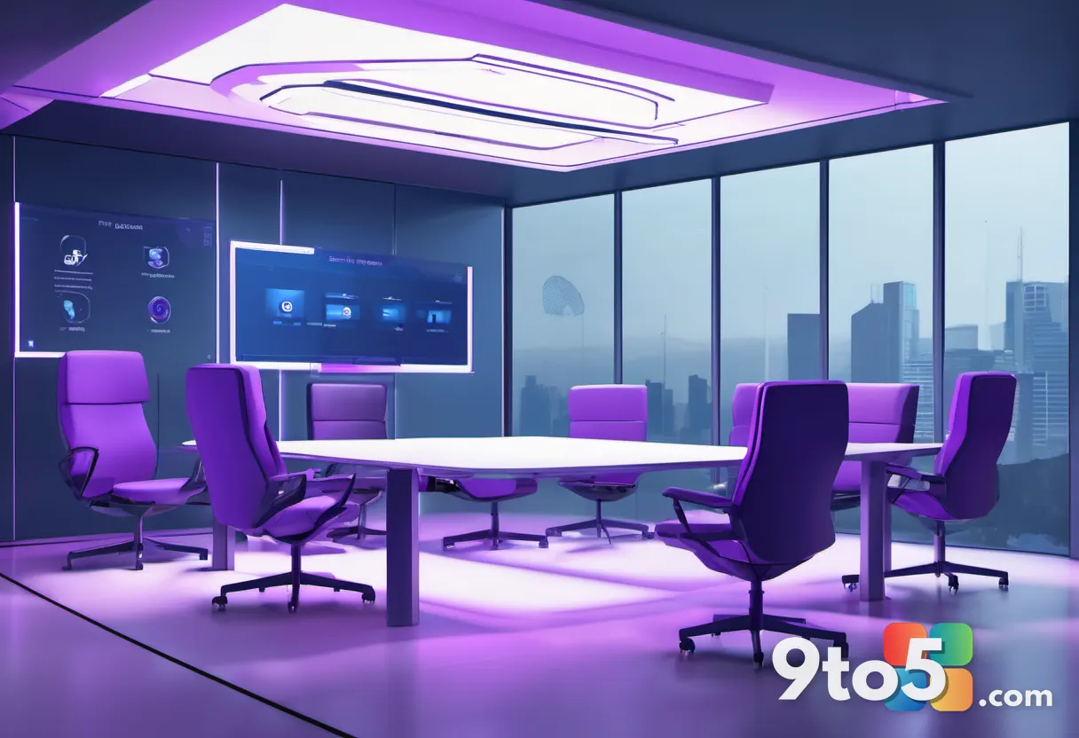 A stylized digital illustration of a meeting room where transparent AI bots hover around participants, with a clear 'acc