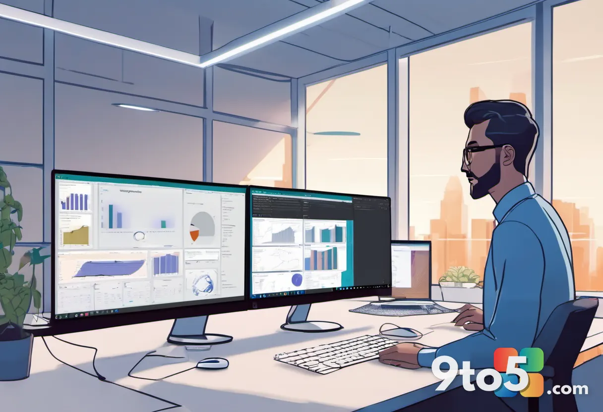 A security analyst at a desk reviewing meeting reports on a dual-monitor setup displaying the Microsoft Defender portal,