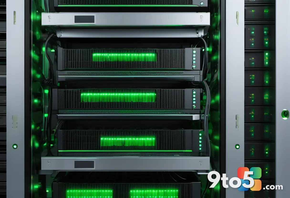 A close-up of a modern server rack with fiber optic cables and blinking green status lights, emphasizing hardware manufa